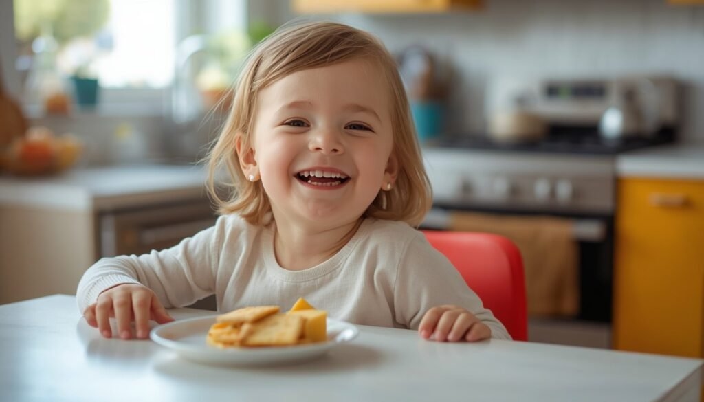 Alt Text: Child laughing at kitchen table with cheese and crackers.