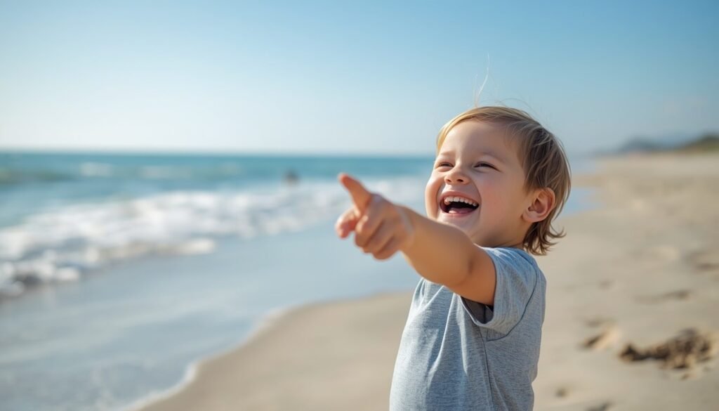 Alt Text: Child laughing at beach pointing toward ocean.