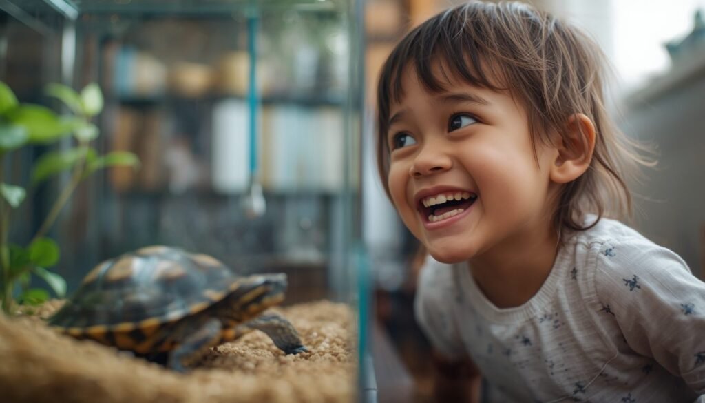  Alt Text: Child laughing while watching pet turtle in terrarium.