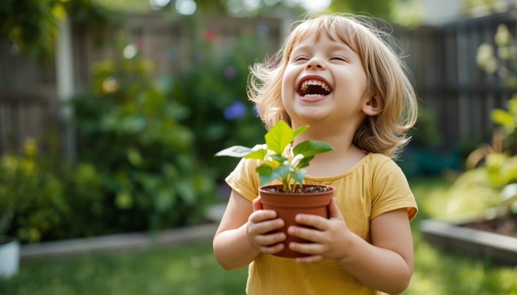 Alt Text: Child laughing while holding potted plant in garden.
