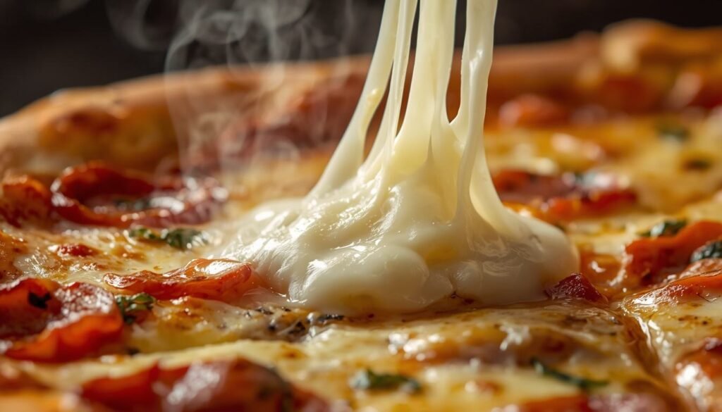  Alt Text: Cheese pulled on a slice of pizza with melted mozzarella.
