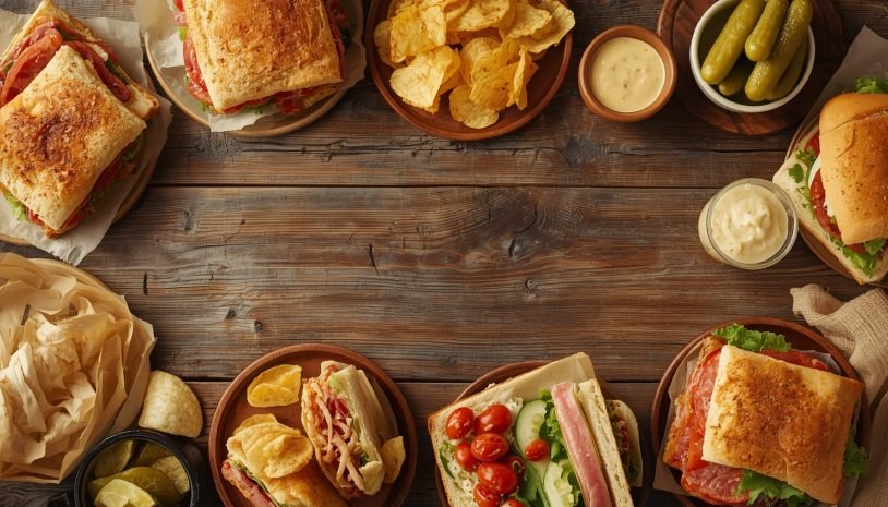 Alt Text: Assorted deli sandwiches with chips and pickles on a wooden table.