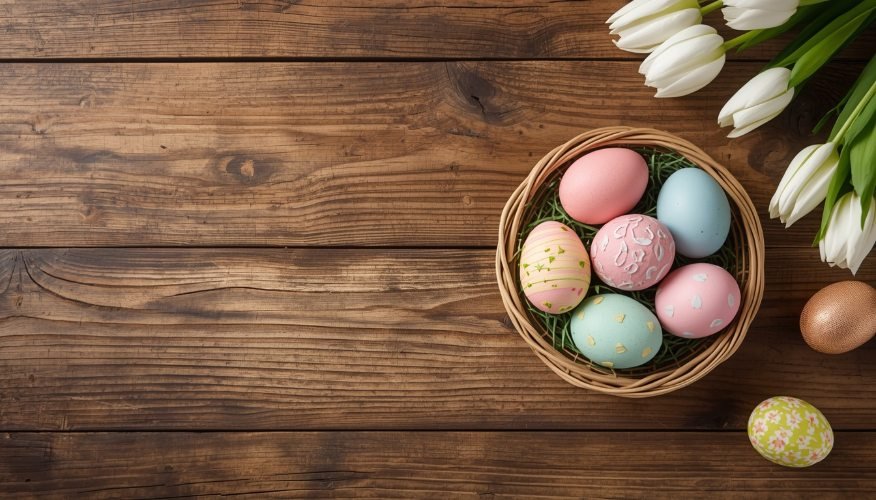 Alt Text: Basket of decorated Easter eggs on wooden table.
