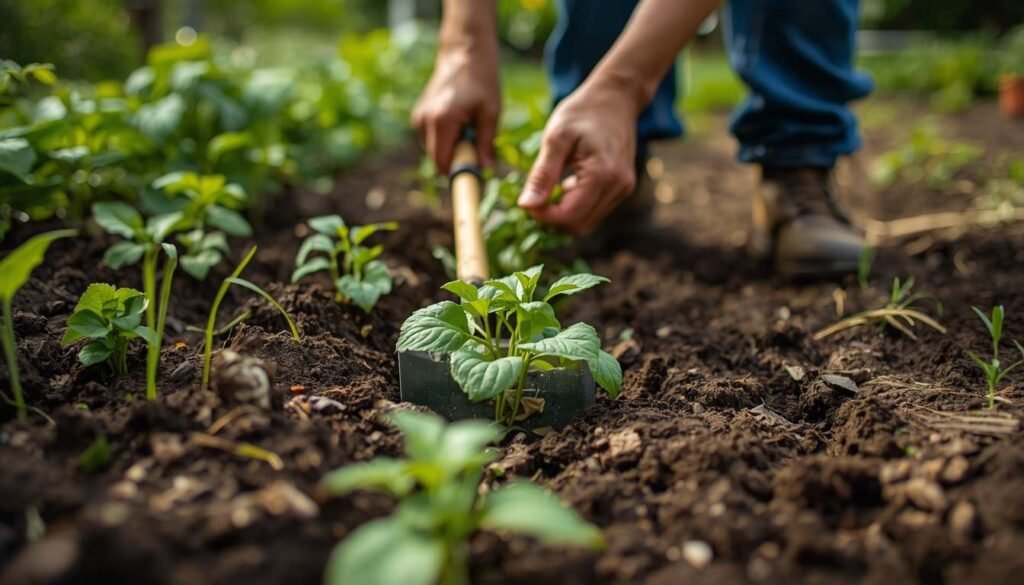  Alt Text: Gardener pulling weeds from garden bed outdoors.