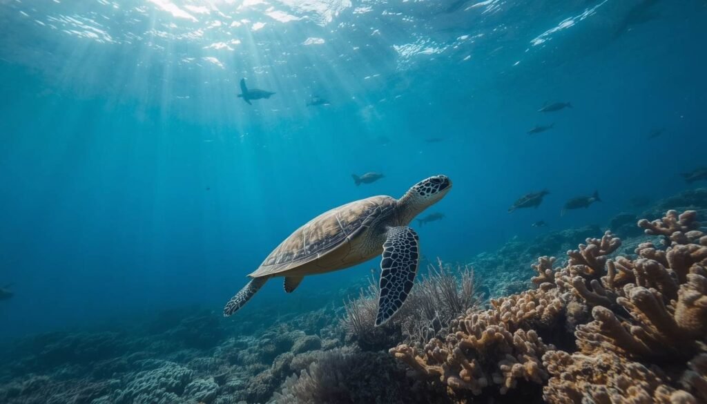 Alt Text: Sea turtle swimming near coral reef in ocean water.
