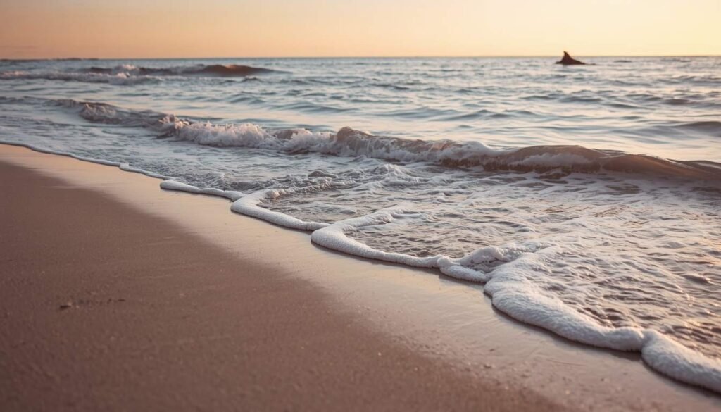 Alt Text: Beach shoreline with dolphin fin visible in water.