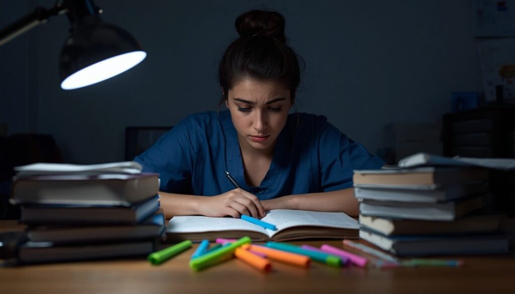  Alt Text: Nursing student studying with textbooks and highlighters at night