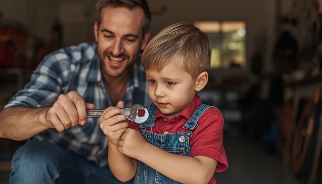Alt Text: Parent showing a child how a wrench works in a garage