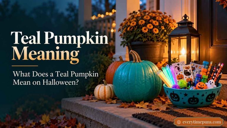 Teal Pumpkin Meaning illustrated by a teal pumpkin and non-food Halloween treats.