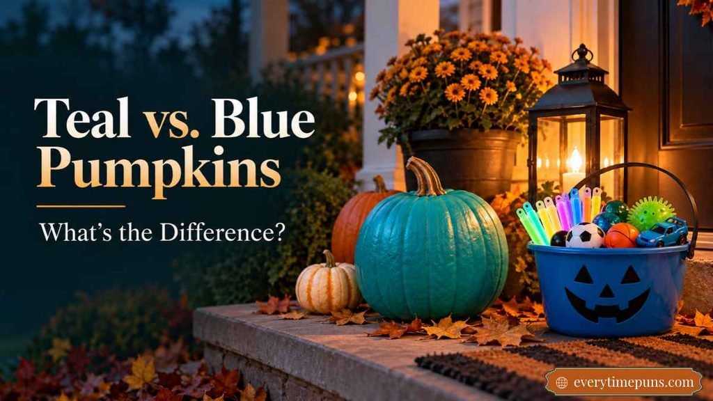 Teal Pumpkin Meaning illustrated by a teal pumpkin beside a blue Halloween treat bucket.