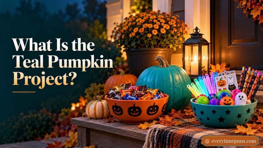 Teal Pumpkin Meaning explained with separate candy and non-food Halloween treat bowls.